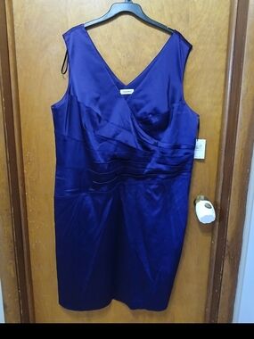 Calvin Klein Deep Blue Satin V-Neck Midi Dress